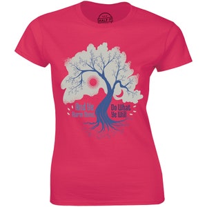 May include: Pink women's t-shirt with a blue and gray tree design. The tree has a sun on one side and a moon on the other. The text "And Ye Harm None" is on the left side of the tree and "Do What Ye Will" is on the right side.