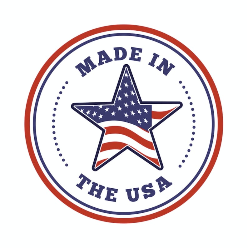 May include: A red, white and blue star with a red, white and blue American flag design inside. The star is inside a blue circle with the text "MADE IN THE USA" in white.