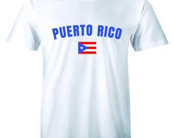 May include: White t-shirt with blue text that says "PUERTO RICO" and a small image of the Puerto Rican flag.