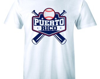 May include: White t-shirt with a blue and red baseball logo. The logo features two crossed baseball bats, a baseball, and the text "PUERTO RICO".
