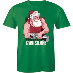 Body Building Muscle Santa Claus Dumbbells Printed Men T-shirt Holiday Xmas Top