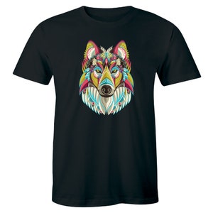May include: A black t-shirt with a colorful, geometric wolf design. The wolf's face is filled with intricate patterns in shades of blue, green, yellow, red, and white.