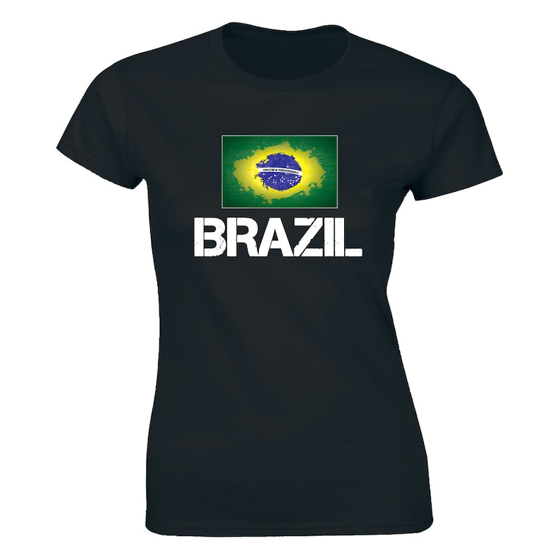May include: Black t-shirt with a distressed white "BRAZIL" text and a green, yellow, and blue Brazilian flag graphic.