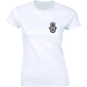 May include: White t-shirt with a black hamsa hand design on the front.