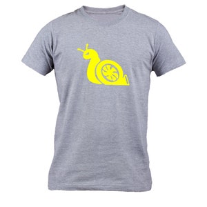 May include: A gray t-shirt with a yellow snail graphic. The snail's shell is a turbocharger.