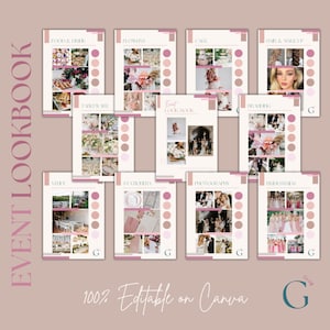 Op de afbeelding: Een roze en witte event lookbook met 10 verschillende secties, waaronder eten & drinken, bloemen, taart, haar & make-up, serviesgoed, locatie, briefpapier, fotografie, bruidsmeisjes en branding. Elke sectie heeft een titel, een kleurenpalet en afbeeldingen. De lookbook is 100% bewerkbaar in Canva.