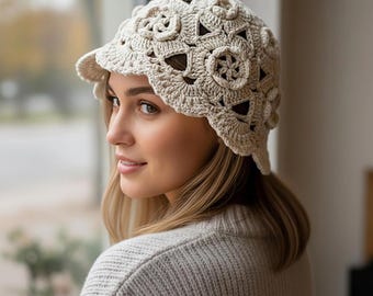 Bonnet au crochet fait main avec motif floral ajouré