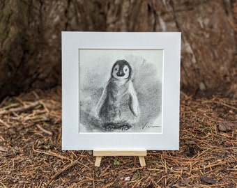 Dessin original au fusain de pingouin