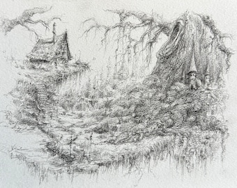 The refuge beneath the roots — graphite drawing, imaginary landscape