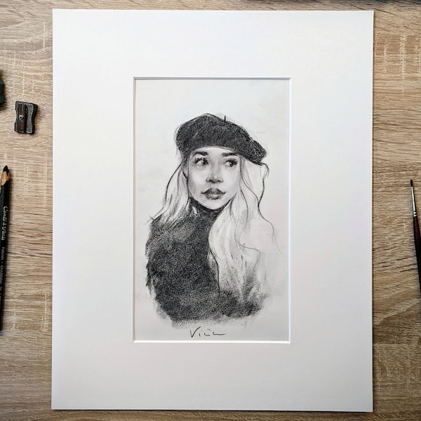 Original charcoal drawing of woman in beret