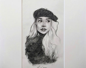 Original charcoal drawing of woman in beret