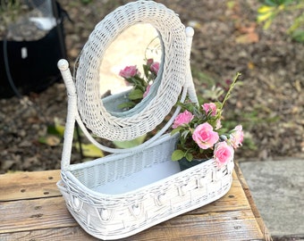 Wicker Table/Wall Vanity Mirror - Shabby Chic Decor - Wicker Vanity - Wicker Planter - Vintage Vanity - Farmhouse - French Country Decor