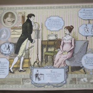 May include: A vintage illustration of a couple in a room with a quote about love. The woman is sitting on a chair and the man is standing. The illustration is surrounded by quotes about love and life.