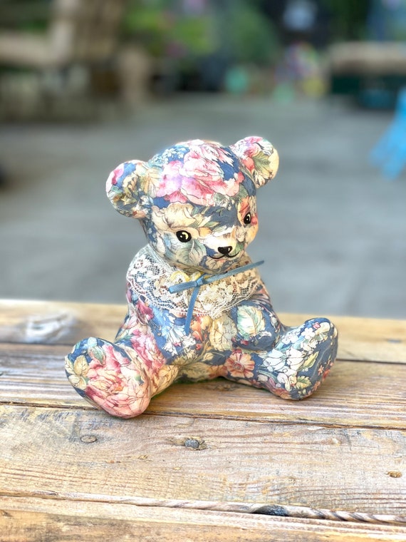 Vintage Glazed Fabric Decoupage Teddy Bear, Teddy Bear Collection, Vintage Decoration, Nursery Decor, Kid's Bedroom Decor, Teddy Bear Decor