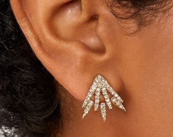 Trendy Spike Gold  CZ Ear Jacket Earrings,  Dainty Gold Stud Earrings, Geometric Earrings, Bridal Jewelry, Gift for Her