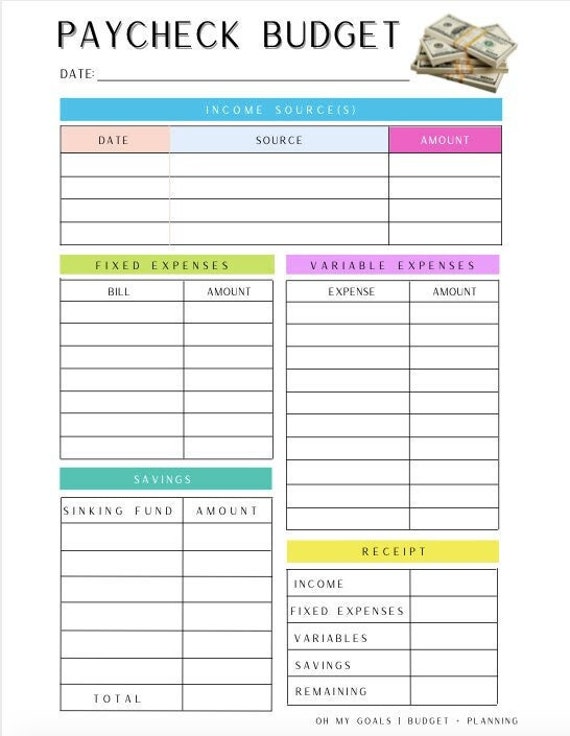 paycheck budget worksheet printable bright etsy