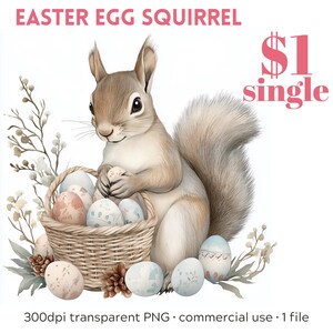 Mignon écureuil de Pâques avec des oeufs de Pâques et un panier Aquarelle • Images clipart à télécharger pour 1 dollar • PNG transparents 300 dpi • Licence d'utilisation commerciale