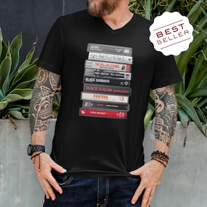 Vintage Rock & Metal 80s and 90s cassette tape stack Unisex T-shirt - Band nostalgia tee for music lovers
