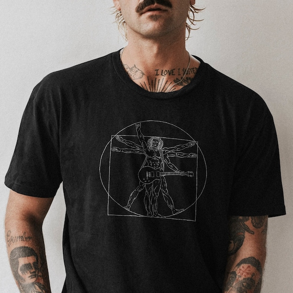 Vitruvian man rocker - Electric guitar Leonardo da Vinci style band tshirt