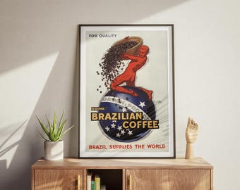 Vintage Brazilian Coffee Poster – Mid Century Wall Art – Brazil Coffee Beans Kitchen Decor Poster