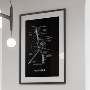 Può includere: Un disegno in bianco e nero della navicella spaziale Voyager 1 su sfondo nero. Il disegno include etichette per le diverse parti della navicella spaziale. Il testo "Voyager 1" è stampato in bianco nella parte inferiore dell'immagine.
