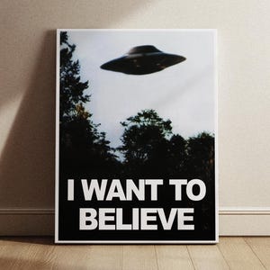 May include: A black and white poster with a photo of a flying saucer in the sky above a forest. The text "I WANT TO BELIEVE" is printed in white letters on a black background.