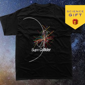 Puede incluir: Camiseta negra con un gráfico blanco de un colisionador de partículas y el texto "Super Collider".