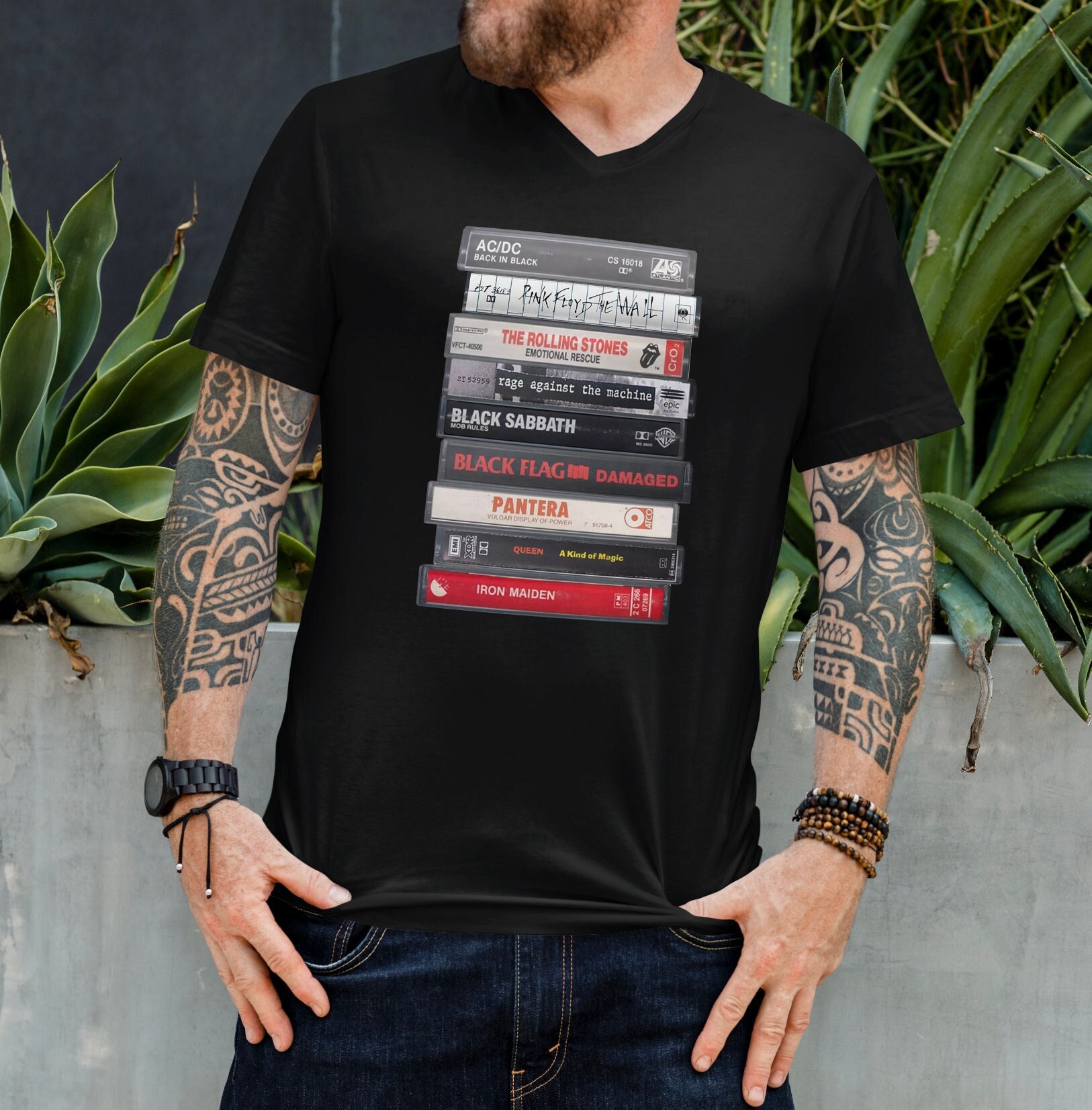 Vintage Rock & Metal Cassette Tape Stack T-shirt - 80s 90s