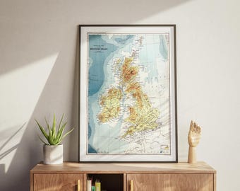 Stara mapa fizyczna Wysp Brytyjskich – antyczny plakat Wielkiej Brytanii i Irlandii – plakat z mapą kartograficzną Anglii, Szkocji, Walii i Irlandii