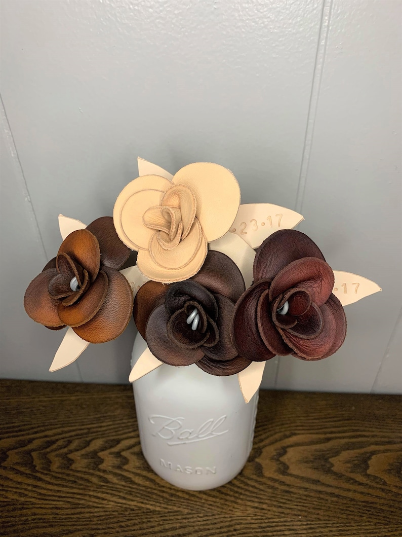 Leather rose anniversary gift with custom date stamps