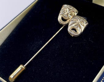 Vintage Theater Stick Pin Brooch Comedy and Tragedy: Yellow Gold Toned