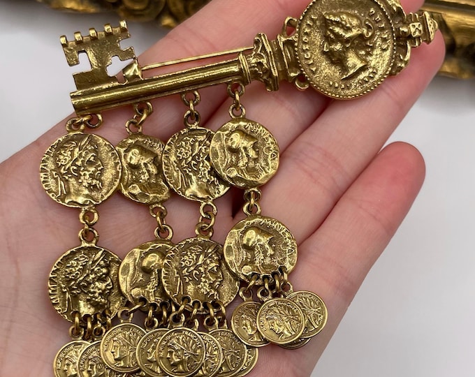 Vintage Gold Toned Medallion Key Brooch - Signed COROCRAFT