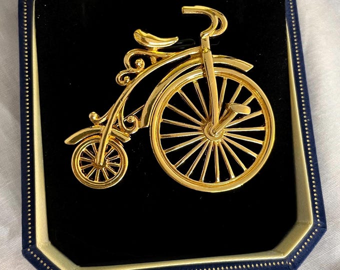 Yellow Gold Toned Bicycle Brooch Vintage Moveable Pin Estate Jewelry