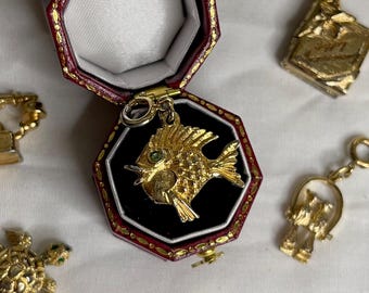 Gold Toned Vintage Fish Charm MONET Signed Bracelet Charm Necklace Pendant Estate Jewelry