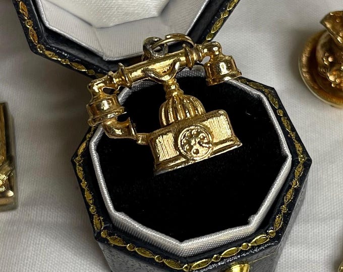 Gold Toned Vintage Phone Charm AVON Signed Bracelet Charm Necklace Pendant Estate Jewelry