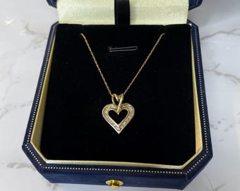 Vintage 10k Solid Gold Diamond Heart Necklace and Pendant Estate Jewelry - 18” Chain