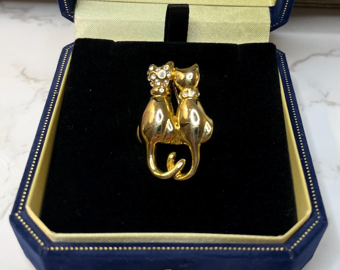 Vintage Gold-Toned Pair of Cats Brooch Pin with Rhinestones