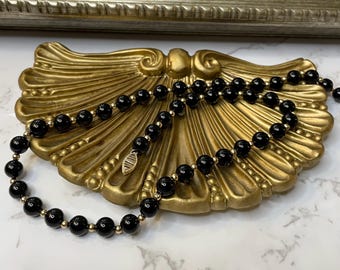 Vintage 10k Solid Gold Onyx Bead Necklace Estate Jewelry - 18” Long