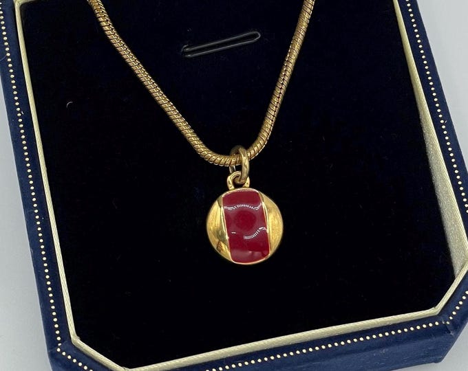 Gold Toned Vintage MONET Red Pendant  Necklace Estate Jewelry 16”