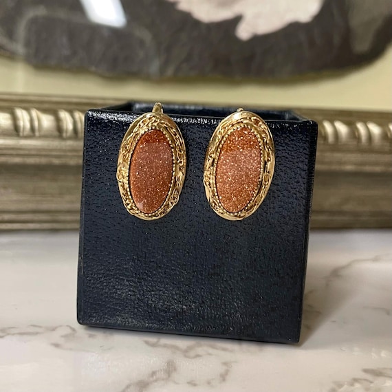 Vintage 12K Gold FILLED Sunstone Screwback Earrings Yellow Gold Estate Jewelry