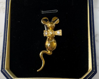 Vintage Gold-Toned Mouse Brooch with Spring Bow Tie and Rhinestones - Signed TRIFARI