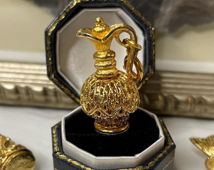 Vintage Gold Toned Ornate Pitcher Charm Filigree MONET Bracelet Charm Necklace Pendant Estate Jewelry