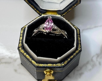 Vintage 10K Solid Gold Marquise Pink Sapphire Ring with Diamond Accents - Size US 5.25