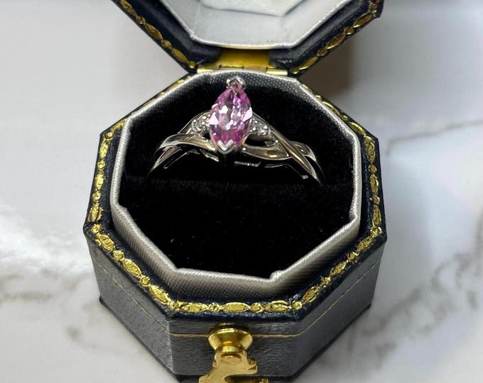 Vintage 10K Solid Gold Marquise Pink Sapphire Ring with Diamond Accents - Size US 5.25