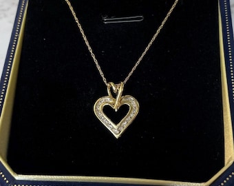 Vintage 10k Solid Gold Diamond Heart Necklace and Pendant Estate Jewelry - 18” Chain