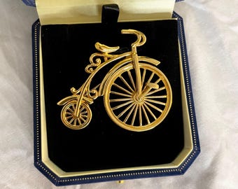 Yellow Gold Toned Bicycle Brooch Vintage Moveable Pin Estate Jewelry
