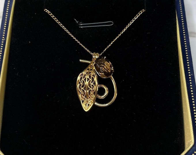 Vintage 14K Gold FILLED Smokey Quartz Pendant Necklace Signed AMCO - 15” Chain