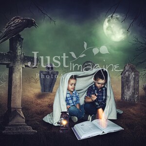 Cemetary Digital Background, Halloween, Cemetary, Crow, Headstones, Full Moon