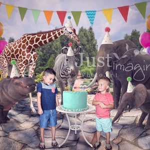 Animal Birthday Party Digital Background, Birthday, Hippo, Giraffe, Zebra, Elephant, Party Animals, Cake
