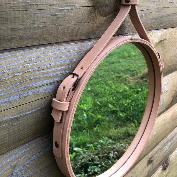 Leather Strapped Mirror with belts, Handmade leather mirror, Straps wall mirror, Captain Mirror, Interior leather decoration. Round mirror